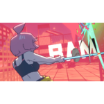 Comic-style action: a female fighter with purple hair swings a blue bat, causing a bright burst and the word 'BOOM' in a neon arena.