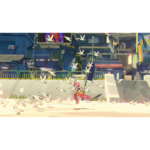 Anime-style girl with pink hair runs through a flock of white birds in a city street scene.
