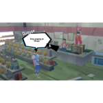 Cartoon characters in a store; a blue-haired girl near shelves, a character on a counter, speech bubble reads, 'Stop jumping on things!'