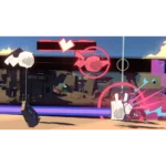 unbeatable-screen-04__238211785515553 - Video Game Depot Cartoon-style video game battle: two fighters exchanging pink energy blasts in a desert-like arena, with circular pink rings and a thrown shield.
