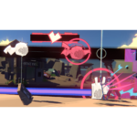 Stylized video game battle scene with neon pink rings, fists, and a shield-bearing fighter in a desert-like arena.