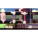 unbeatable-screen-05__581751785515553 - Video Game Depot Stylized video game battle scene with pink bars, circular targets, and characters on the right; score and percent text shown at the bottom.
