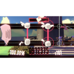 Fighting game screenshot with neon pink hit rings, scattered white shards, and a platform stage in the foreground.