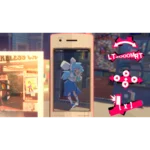 unbeatable-screen-06__239931785515553 - Video Game Depot A smartphone on a shelf displays a blue-haired anime girl posing, with blurred store shelves and a poster visible in the background and bright pink decorative stickers on the right side.