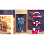 A retro handheld device on display in a store window shows a blue-haired anime girl on its screen, with bold pink graphics and posters in the background.