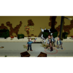 walking-dead-streets-of-survival-deluxe-screen-01__055791785525069 - Video Game Depot Pixel-art street battle: a man fires a pistol at a group of zombies on a sidewalk with a brick wall and dumpsters in the background.