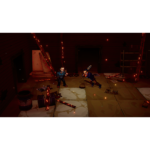 walking-dead-streets-of-survival-deluxe-screen-06__353221785525069 - Video Game Depot Two pixelated fighters clash in a dim, red-lit room, sparks flying amid scattered rubble, a barrel, and debris on the floor.