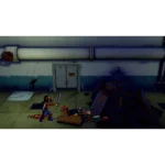 walking-dead-streets-of-survival-deluxe-screen-07__335711785525067 - Video Game Depot Pixelated scene: a man swinging a glowing blue sword at a zombie in a grimy warehouse corridor.