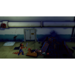 walking-dead-streets-of-survival-deluxe-screen-07__936941785525069 - Video Game Depot Pixelated character wielding a blue sword fights a foe in a dim industrial hallway with debris and blood on the floor.