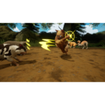 Orange cat leaps forward with a glowing yellow energy ring and wings as others watch in a forest battle scene with a black-and-white beast nearby.