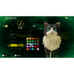 Cat creation screen in a video game with a large cat on the right and a color swatch grid in the center-left on a green space background