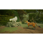 A white fluffy fox-like creature on a rock faces an orange striped tiger-like creature in a forest clearing.