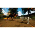 Flame-wreathed dark dog lunges at a striped white tiger in a forest clearing; a battle scene in a game.