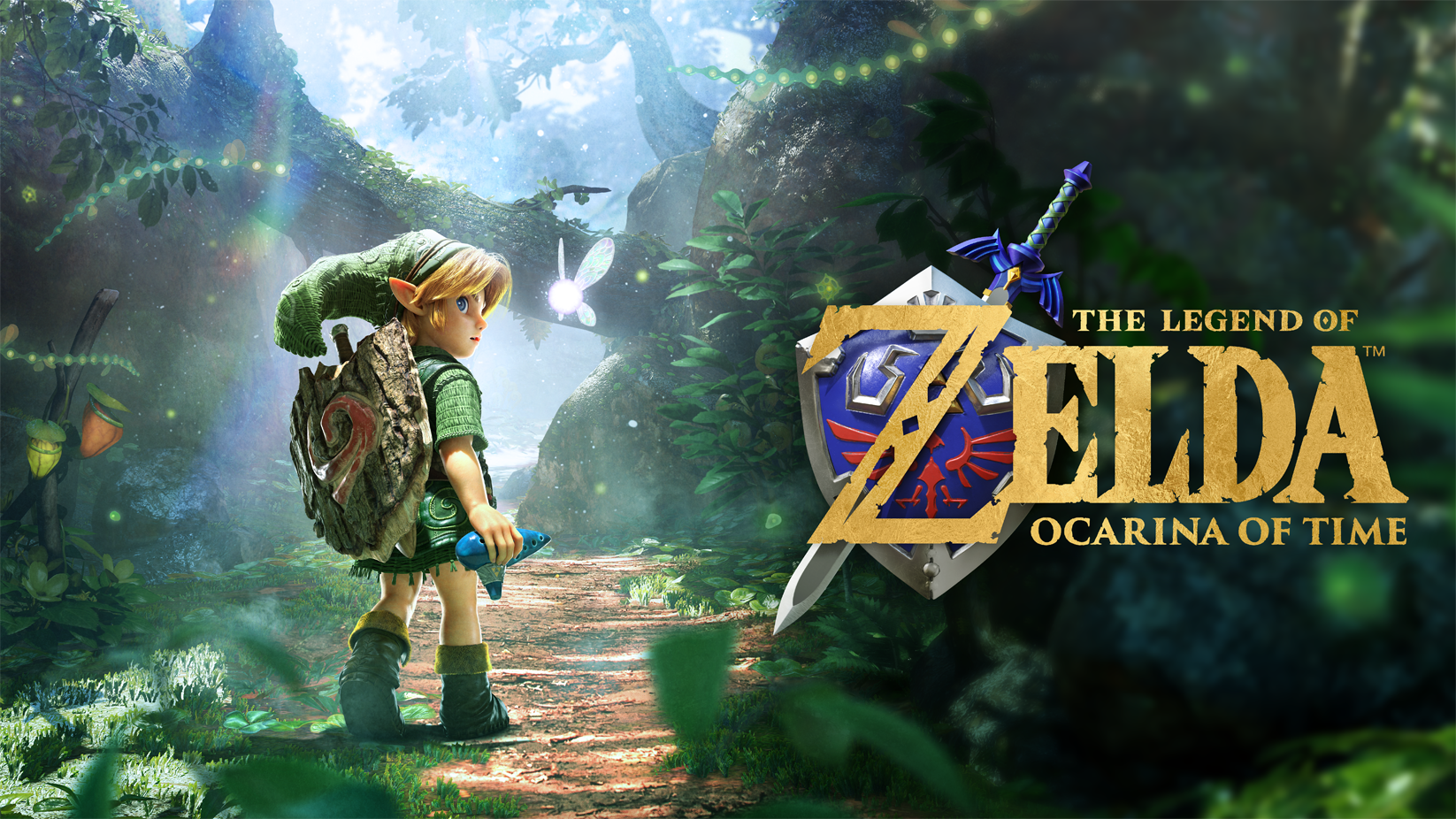 Link stands in a sunlit forest with his shield on his back and an ocarina in hand, beside the Legend of Zelda: Ocarina of Time logo on the right readout