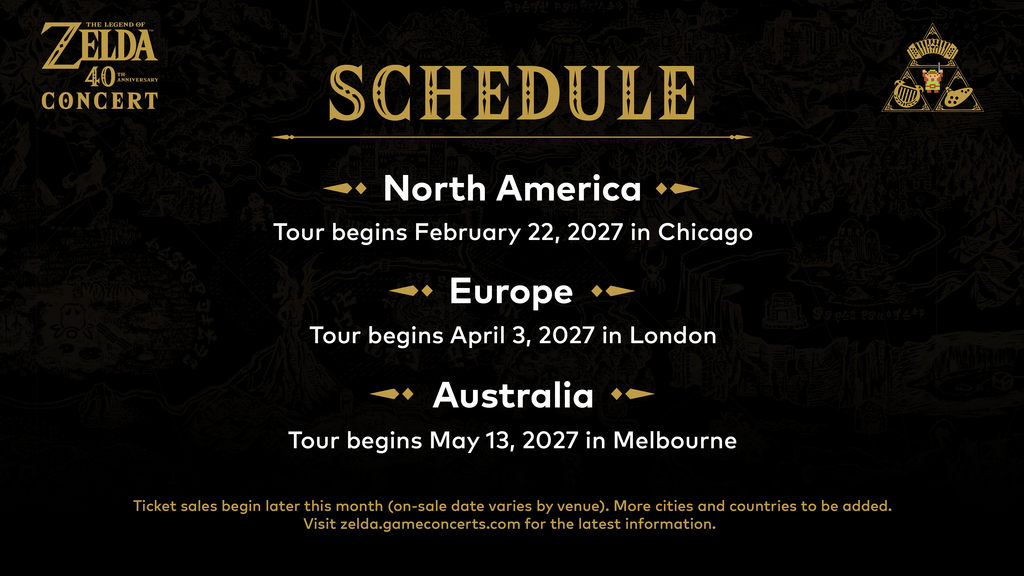 Dark promotional poster announcing The Legend of Zelda 40th Anniversary Concert schedule in gold lettering, by region (North America, Europe, Australia) with tour start dates.