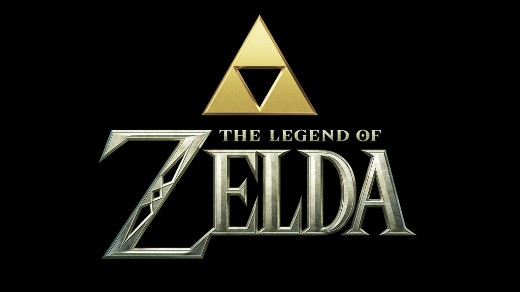 Gold Triforce emblem above the 'The Legend of Zelda' title on a black background (video game logo).