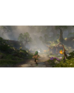 Young traveler in a cloak walks along a stone path through a misty, magical forest with glowing lights and hut-like roots in the distance.