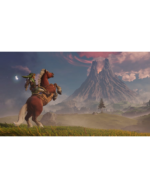Heroic rider on a rearing brown horse, shield ready, with a glowing fairy nearby in a grassy field and a towering volcano-like mountain in the distance