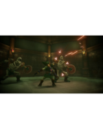 Hero in green tunic fights skeletal warriors in a dim dungeon, glowing pink triangular markers hovering around enemies.