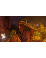 A cave scene with a large, open-mouthed dragon showing sharp teeth and a rider in ornate armor nearby.