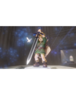 Young hero in a green tunic raises a large sword in a glowing cathedral, surrounded by blue sparkles and a white butterfly.