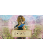 Heroic young adventurer with blond hair plays a blue ocarina in a colorful, dreamy field; on-screen message reads 'You played Zelda's Lullaby!'