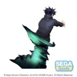 Figure statue of a male character in a dark outfit with spiky dark hair, posed as if charging forward, with a large green tail-like cloth swirling around him (SEGA Goods watermark).