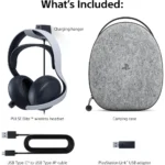 81jmAC9F3UL_AC_SL1500___241391785513091 - Video Game Depot PULSE Elite wireless headset with charging hanger, grey carrying case, USB-C to USB-A cable, and PlayStation Link USB adapter.