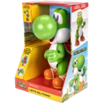 LETS-GO-YOSHI-TOY-003-192995413993 - Video Game Depot Green Yoshi action figure inside colorful Super Mario toy box, partially visible with packaging art and 'Let’s Go, Yoshii' text on the base.