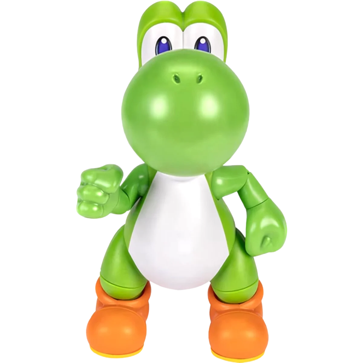 Green Yoshi figurine standing upright, facing forward with one fist raised, wearing orange shoes and a white belly.