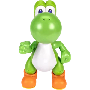 Green Yoshi figurine standing upright, facing forward with one fist raised, wearing orange shoes and a white belly.