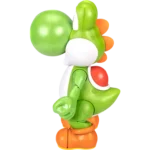 LETS-GO-YOSHI-TOY-006-192995413993 - Video Game Depot Side view of a green Yoshi-style plastic toy with an orange spike-crest and white belly, standing on an orange base.