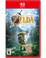 Nintendo Switch cover for The Legend of Zelda: Ocarina of Time; Link stands on a forest path with sword and shield, ESRB rating shown on the corner.