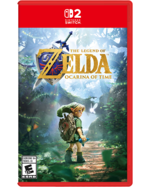 Nintendo Switch cover for The Legend of Zelda: Ocarina of Time; Link stands on a forest path with sword and shield, ESRB rating shown on the corner.