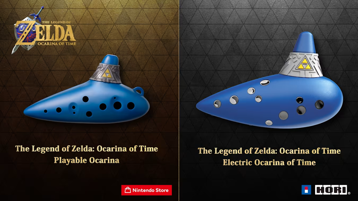 Two blue Ocarina of Time models side by side with game logos and golden text at bottom titles the two versions of Zelda ocarinas, left is playable, right electric.