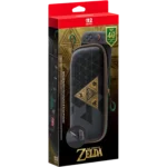 Boxed Nintendo Switch Zelda carrying case with a black geometric triangle pattern and a green strap, shown in red packaging with a 40th anniversary badge.