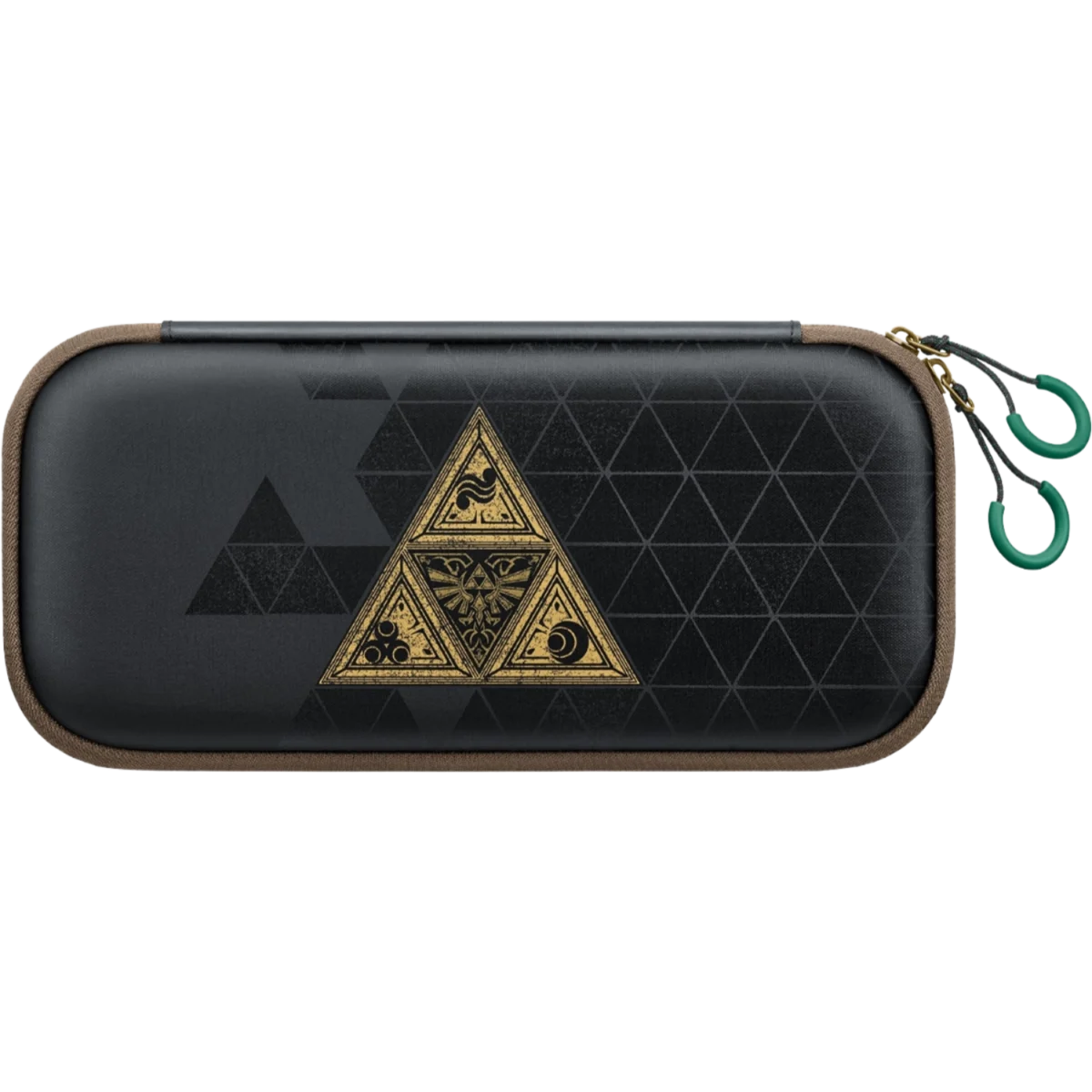 Dark gray zippered carrying case with brown trim and a gold triangular crest on the front.