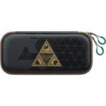 Dark gray zippered carrying case with brown trim and a gold triangular crest on the front.