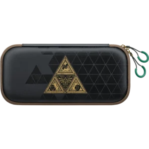 Dark gray zippered carrying case with brown trim and a gold triangular crest on the front.