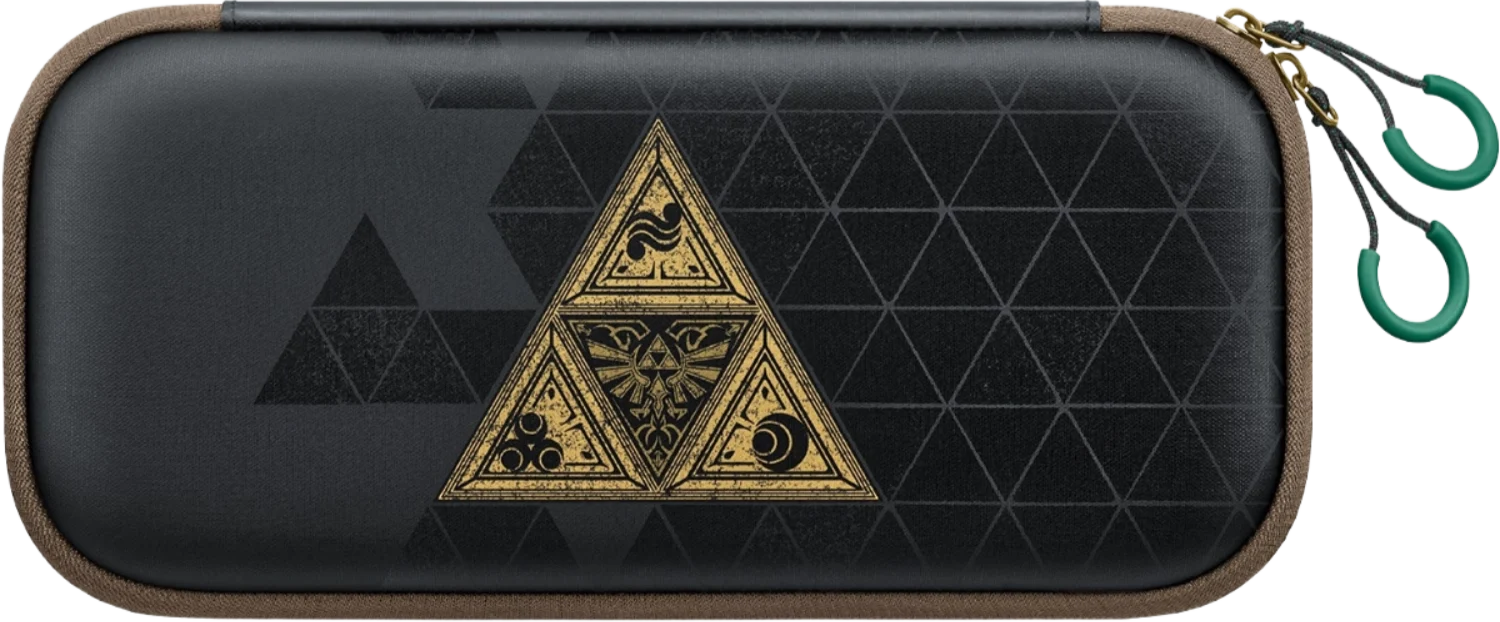 Dark gray zippered carrying case with brown trim and a gold triangular crest on the front.
