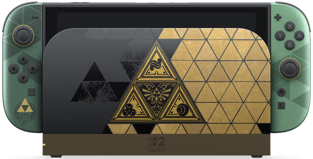 Nintendo Switch with green Joy-Cons showing a geometric Zelda-inspired gold triangle artwork on the screen, against a dark background.