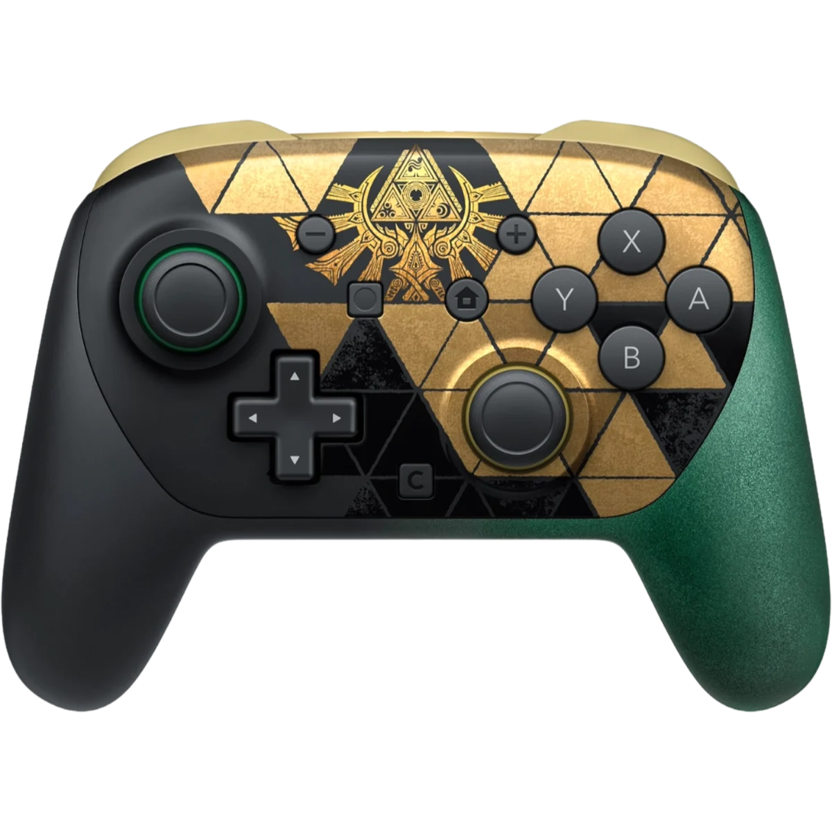 Game controller with a gold geometric pattern and Triforce emblem on the front face.