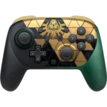 NINTENDO-SWITCH-2-PRO-CONTROLLER-LOZ-40TH-ANNIVERSARY-004-045496886325 - Video Game Depot Game controller with a gold geometric pattern and Triforce emblem on the front face.