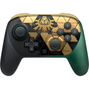 Game controller with a gold geometric pattern and Triforce emblem on the front face.
