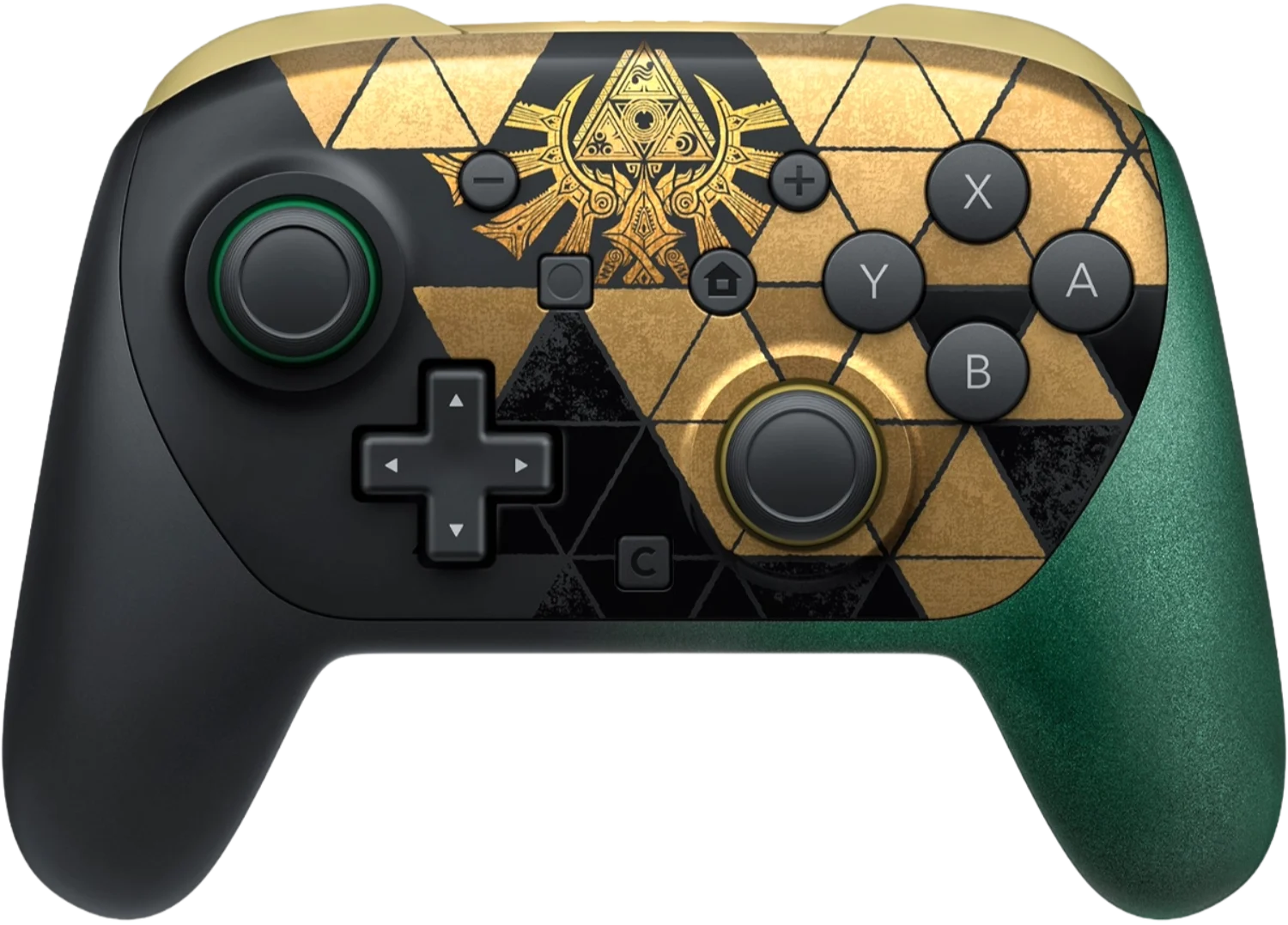 Game controller with a gold geometric pattern and Triforce emblem on the front face.