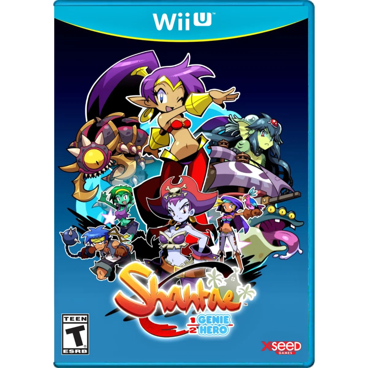 Wii U game cover for Shantae: Half-Genie Hero showing the pink-haired heroine in the center with colorful allies and monsters, title at the bottom, and ESRB Teen rating.