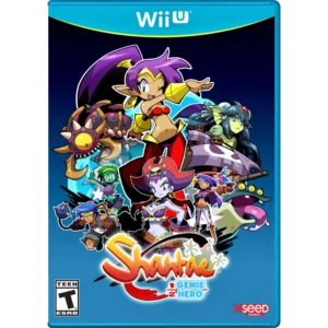 Wii U game cover for Shantae: Half-Genie Hero showing the pink-haired heroine in the center with colorful allies and monsters, title at the bottom, and ESRB Teen rating.