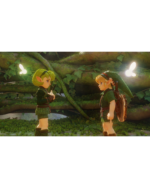 Two young fantasy adventurers in green tunics face each other in a lush forest, glowing fireflies around them.