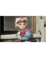 Cartoon elf girl in pink and blue fantasy outfit stands by a stone window sill, looking to the side.