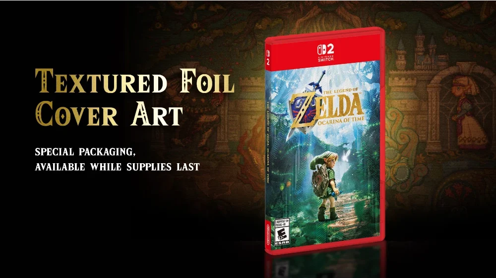 Promotional image of a red Nintendo Switch game case for The Legend of Zelda: Ocarina of Time against a dark textured backdrop.